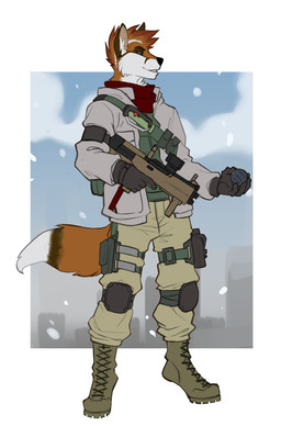 anthro black_nose blue_eyes boots bottomwear brown_body brown_fur brown_tail clothed clothing explosives footwear fully_clothed fur gloves grenade gun hair handwear jacket male multicolored_body multicolored_fur multicolored_tail open_clothing open_jacket open_topwear outside pants ranged_weapon rifle scarf shoes smile snow solo standing tail topwear weapon white_body white_fur white_tail faint the_division tom_clancy's_(series) ubisoft canid canine fox mammal