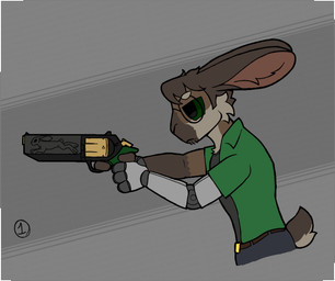anthro black_undershirt blue_bottomwear blue_clothing blue_pants bottomwear brown_body brown_fur brown_hair cheek_tuft chin_tuft clothing countershade_face countershading eyebrows eyewear facial_tuft firing_weapon fur glasses green_clothing green_eyes green_shirt green_topwear gun hair handgun holding_object holding_weapon male muzzle_flash pants pivoted_ears prosthetic prosthetic_arm prosthetic_limb ranged_weapon revolver scut_tail shirt short_tail simple_background solo tail topwear tuft weapon darli_buni darlan_bunnit lagomorph leporid mammal rabbit animated loop