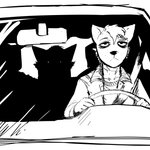 1:1 anthro black_and_white canid canine canis car carol_(hladilnik) clothing daniel_(hladilnik) domestic_dog driving duo female glowing glowing_eyes hi_res hladilnik inside_car inside_vehicle male mammal monochrome shadow vehicle wolf