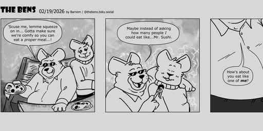anthro belly big_belly bottomwear clothing dialogue duo eyewear food male male/male overweight overweight_male pants shirt sitting sunglasses text topwear barnem mammal murid murine rat rodent 2026 comic english_text hi_res monochrome