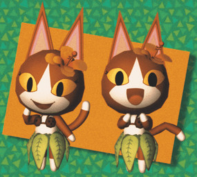anthro black_eyes bottomwear brown_arms brown_body brown_fur brown_tail clothing coconut coconut_bra dipstick_tail drupe_(fruit) eyelashes female flower flower_on_head food fruit fur green_background green_bottomwear green_clothing green_skirt happy leaf leaf_clothing leaf_skirt long_ears low_poly magazine_page markings multicolored_ears open_mouth orange_flower orange_rectangle pattern_background plant pointy_ears simple_background skirt smile smiling_at_viewer solo tail tail_markings white_body white_fur white_hands white_tail_tip yellow_sclera luckythe3rdcat animal_crossing nintendo coconut_(luckythe3rdcat) fan_character domestic_cat felid feline felis mammal 2026 3d_(artwork) blender_(artwork) digital_media_(artwork)