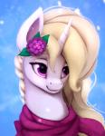 blonde_hair eyelashes female feral fur hair horn pink_eyes scarf smile snow snowing solo unicorn_horn white_body white_fur rodrigues404 hasbro my_little_pony mythology equid equine mammal mythological_creature mythological_equine unicorn animated short_playtime