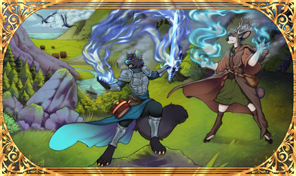 ambiguous_feral ambiguous_gender anthro armor black_body black_fur black_hair blue_tongue boat clothed clothing cloud duo_focus feral fur grass grey_body grey_fur grey_hair group hair holding_melee_weapon holding_object holding_sword holding_weapon magic_user male male_anthro melee_weapon narrowed_eyes open_mouth outside plant red_eyes robe rock standing sword tongue tree vehicle water watercraft weapon white_body white_fur seraphictiger canid canine deer mammal hi_res