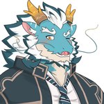 anthro blue_body blush hair horn looking_at_viewer male mature_male necktie one_eye_closed overweight solo white_hair wink 77sirogane77 lifewonders mythology tokyo_afterschool_summoners qinglong_(tas) dragon mythological_creature mythological_scalie scalie 1:1 2024 hi_res