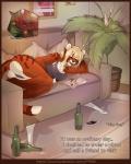 2017 4:5 alcohol anthro beer beverage blonde_hair bottle breasts butt camel_toe clothing comic container detailed_background digital_media_(artwork) english_text eyes_closed f-r95 felid female hair hi_res mammal panties raining shaded sleeping solo text underwear url