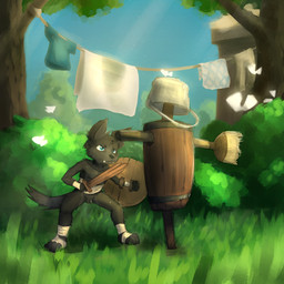 4_toes anthro balls barrel bedwetting black_body black_fur blue_eyes bodily_fluids body_wraps broom bucket casual_nudity cleaning_tool container fangs feet flaccid foot_wraps foreskin fur genital_fluids genitals humanoid_genitalia humanoid_penis leg_wraps male melee_weapon nude nude_anthro nude_male penis practice_sword shield shota small_balls small_penis solo sweat sword teeth toes urine weapon wetting wooden_sword wraps young young_anthro young_male dakkawoof dakka canid canine canis mammal wolf 1:1 2022 hi_res