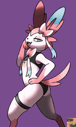 3_fingers anthro anthrofied bedroom_eyes black_clothing black_shirt black_topwear black_underwear blue_eyes butt chest_markings clothing crop_top feet femboy fingers fur gloves_(marking) hand_on_hip heart_(marking) leg_markings legband looking_at_viewer male markings narrowed_eyes open_mouth pink_body pink_ears pink_feet pink_fur pink_hands pink_inner_ear pink_markings pink_tail pink_tongue pokemorph pupils purple_background ribbons_(anatomy) seductive shirt simple_background sleeveless_shirt smile socks_(marking) solo squish standing tail teeth thigh_squish thighband tongue tongue_showing topwear underwear white_body white_fur white_pupils white_sclera darknsfwindie nintendo pokemon pix_(odeko-yma) eeveelution generation_6_pokemon pokemon_(species) sylveon 2026 hi_res watermark
