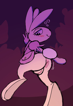 anthro anus biped black_eyes blush blush_lines bubble butt closed_smile clothing digitigrade drunk drunk_bubble female fur genitals humanoid_genitalia humanoid_vulva inside looking_at_viewer looking_back looking_back_at_viewer mouth_closed party pink_clothing presenting presenting_hindquarters purse rear_view scut_tail short_tail smile solo substance_intoxication tail vulva white_body white_fur not_a_furfag 3_dog_band lagomorph leporid mammal rabbit 2026 hi_res