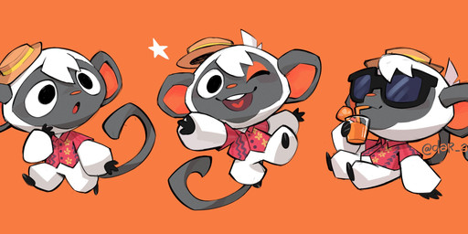 anthro bendy_straw clothing drinking_straw eyewear hat headgear headwear male multiple_poses orange_background pose shirt simple_background sitting smile solo star sunglasses text topwear dar_(artist) animal_crossing nintendo niko_(animal_crossing) grey_langur haplorhine langur mammal monkey old_world_monkey primate artist_name colored digital_media_(artwork) digital_painting_(artwork) hi_res painting_(artwork) shaded