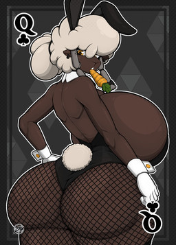 anthro big_breasts big_butt biped black_clothing breasts butt card carrot clothed clothing fake_ears fake_rabbit_ears female fishnet_clothing fishnet_legwear food gloves handwear huge_breasts huge_butt huge_hips huge_thighs legwear leotard looking_back plant playing_card playing_card_template queen_of_clubs solo thick_thighs vegetable wide_hips yellow_eyes zak_hitsuji dolly_(jiqqy) bovid caprine mammal sheep hi_res