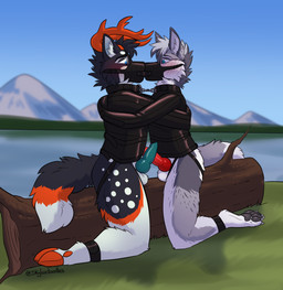 antlers balls bdsm blue_eyes blush blush_lines bondage bound bound_together camp camping cuffs_(object) deer-wolf duo erection frottage genitals grey_body hooves horn kneeling knot knotted_penis lake latex_straitjacket male male/male muzzle_(object) orange_antlers orange_hooves outside outside_sex penile penis penises_touching public public_sex restraints sex straitjacket skylardoodles kuzeld_walker ryle_fenris canid canine canis hybrid mammal wolf hi_res