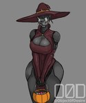 abs big_breasts breasts clothed clothing female grey_body hat headgear headwear holidays looking_at_viewer machine solo trick-or-treating white_eyes witch_costume witch_hat object0fdesire destiny_(video_game) halloween exo_(destiny) humanoid robot absurd_res hi_res