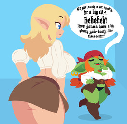 blonde_hair boots bottomwear breasts butt cleavage clothed clothing duo ear_piercing fangs female female_humanoid footwear gold_(metal) gold_jewelry green_body green_skin hair hand_on_hip humanoid_pointy_ears jewelry kerchief looking_at_another midriff orange_hair panties piercing pointy_ears shoes shortstack side_boob size_difference skirt slightly_chubby smug smug_expression taunting teeth text underwear wide_hips smuggoblin elf goblin humanoid 2026 digital_drawing_(artwork) digital_media_(artwork) english_text hi_res