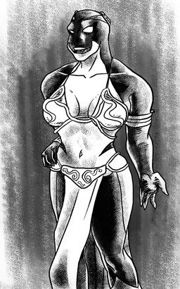 anthro bottomwear clothing cosplay costume crossover_cosplay female loincloth muscular muscular_female navel slave_leia_costume smile solo turkenjamez batman_(series) dc_comics star_wars grace_balin orca_(dc) 2020 crossover hi_res monochrome