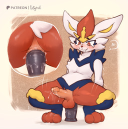 anal anal_penetration anthro balls blush blush_lines bodily_fluids close-up crouching cum dildo ejaculation fur genital_fluids genitals heart_symbol humanoid_genitalia humanoid_penis lube male object_in_ass penetration penis red_body red_eyes red_fur saliva sex_toy solo spread_legs spreading tears tears_of_pleasure white_body white_fur lisyrnik nintendo pokemon cinderace generation_8_pokemon pokemon_(species) hi_res