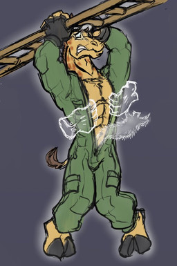 abs anthro beard biped black_clothing black_fingerless_gloves black_gloves black_handwear black_hooves brown_tail_tuft clothed clothed_anthro clothed_male clothing disembodied_hand facial_hair fingerless_gloves fur gloves green_jumpsuit grey_background handwear holding_ladder holding_object hooves ladder male markings open_jumpsuit raised_arms simple_background solo_focus spots spotted_body spotted_fur standing tail tail_tuft teeth tickle_fetish tickling tickling_genitalia tuft yellow_body yellow_fur kctk ghost giraffe giraffid mammal spirit