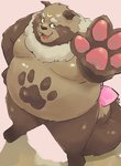 anthro belly blush brown_body brown_fur cute_fangs fangs fur kemono male moobs overweight overweight_anthro overweight_male simple_background solo teeth eaka canid canine mammal raccoon_dog tanuki 2020 hi_res