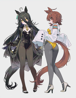 animal_ears animal_tail black_clothing black_gloves black_hair black_handwear black_leotard black_topwear blush breasts brown_eyes brown_hair butt choker clothed clothing duo ear_piercing eyelashes female footwear gloves grey_background grey_clothing grey_footwear grey_high_heels grey_legwear grey_tights hair handwear high_heels jewelry legwear leotard long_hair long_sleeves looking_at_viewer necklace necktie piercing shoes short_hair simple_background small_breasts smile tan_body tan_skin thick_thighs tights topwear white_clothing white_footwear white_high_heels white_topwear wide_hips yellow_clothing yellow_eyes yellow_leotard yellow_necktie sarcophage cygames uma_musume_pretty_derby agnes_tachyon_(pretty_derby) manhattan_cafe_(pretty_derby) animal_humanoid equid equid_humanoid equine equine_humanoid horse_humanoid humanoid mammal mammal_humanoid hi_res