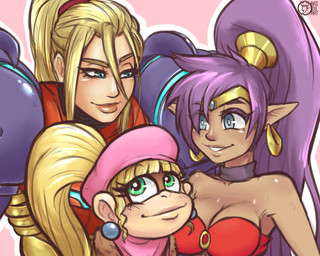 armor bandeau beret blonde_hair blue_eyes breasts brown_body brown_fur cleavage clothed clothing collar dark_body dark_skin ear_piercing female fur green_eyes group hair hat headgear headwear humanoid_pointy_ears kerchief long_hair neckerchief neckwear piercing pointy_ears ponytail purple_hair simple_background smile topwear raiouart donkey_kong_(series) metroid nintendo shantae_(series) wayforward dixie_kong samus_aran shantae genie haplorhine human humanoid mammal monkey primate 5:4 bust_portrait crossover headshot_portrait hi_res portrait