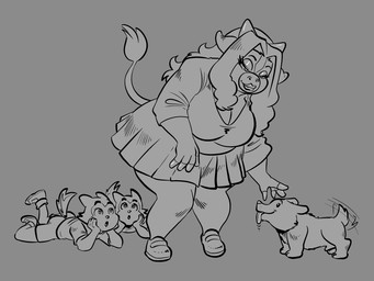 2_horns anthro big_breasts big_butt bottomwear breasts butt clothed clothing female feral footwear fur grey_background group hair half-closed_eyes hand_on_face hand_on_own_face horn long_hair looking_at_another looking_at_butt lying male male/female motion_lines narrowed_eyes on_front quadruped raised_leg shirt shoes shorts simple_background skirt smile t-shirt tail tail_motion tailwag thick_thighs tongue tongue_out topwear young young_anthro young_male charliepops helper_(charliepops) hera_(charliepops) bovid bovine canid canine canis cattle domestic_dog mammal 2025 4:3 digital_media_(artwork) hi_res monochrome
