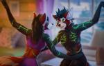 5_fingers anthro black_hair blurred_background clothed clothing dancing detailed_background duo female fingers green_eyes hair male pose smile topless tril-mizzrim la_la_land ailurid mammal red_panda 2018 digital_media_(artwork)