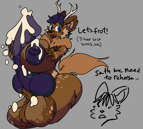 animal_genitalia anthro antlers balls big_balls big_breasts big_butt big_knot big_penis bodily_fluids breasts butt cum dialogue duo ejaculation erection genital_fluids genitals gynomorph horn huge_balls huge_knot huge_penis hyper hyper_balls hyper_genitalia hyper_knot hyper_penis intersex intersex/male knot knotted_penis male penis sheath text hornyaxolotl bowie_(hornyaxolotl) canid canine deer fox hybrid mammal english_text