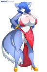 anthro big_breasts blue_body blue_fur blue_hair breasts clothed clothing female footwear fur hair high_heels huge_breasts shoes simple_background solo text white_background sagestrike2 daphne_dress mammal hi_res url