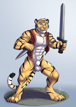 animal_genitalia anthro balls blue_eyes cheek_tuft claws clothed clothing facial_markings facial_tuft front_view fully_sheathed fur genitals glistening glistening_eyes grey_background head_markings head_tuft holding_knife holding_melee_weapon holding_object holding_sword holding_weapon knife male male_anthro markings melee_weapon muscular muscular_anthro muscular_male open_clothing open_topwear open_vest pink_nose red_clothing red_topwear red_vest sheath simple_background solo standing striped_arms striped_body striped_face striped_fur striped_legs stripes sword toe_claws topwear tuft vest weapon whiskers white_balls white_body white_fur white_sheath yellow_body yellow_fur hufnaar felid mammal pantherine tiger 2021 absurd_res dated hi_res