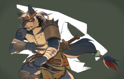 accessory anthro armor bandage bandaged_arm bandaged_head blue_body blue_fur bottomwear clothed clothing dagger eye_scar facial_scar fur furgonomics hair holding_object holding_weapon loincloth male melee_weapon scar simple_background solo sword tail tail_accessory torn_clothing weapon weapon_on_back white_hair wounded oragon_seis canid canine canis mammal wolf absurd_res hi_res