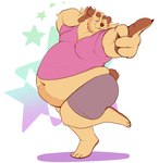 anthro barefoot belly big_belly bottomwear claws clothed clothing feet fully_clothed fur male overweight overweight_male pink_clothing pink_shirt pink_topwear shirt shorts simple_background smile smirk solo standing tan_body tan_fur toe_claws topwear bearwithabroom brum bear mammal digital_media_(artwork) hi_res