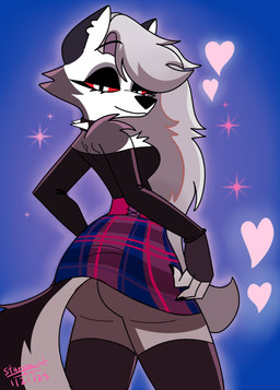 anthro bare_shoulders bedroom_eyes big_breasts bisexual_pride_colors black_eyelids blue_background bottomwear breasts butt clothed clothed_anthro clothed_female clothing collar female fingerless_gloves fur gloves grey_body grey_fur grey_hair hair handwear heart_symbol legwear lgbt_pride long_hair looking_at_viewer looking_back looking_back_at_viewer narrowed_eyes notched_ear pattern_bottomwear pattern_clothing pattern_skirt plaid plaid_bottomwear plaid_clothing plaid_skirt pride_colors pupils rear_view red_sclera seductive shoulderless_shirt simple_background skirt slit_pupils smile solo sparkles spiked_collar spikes tail thigh_highs tight_clothing tight_topwear topwear upskirt white_body white_eyes white_fur starpaintart hellaverse helluva_boss mythology loona_(helluva_boss) canid canid_demon canine demon hellhound mammal mythological_canine mythological_creature 2025 absurd_res hi_res portrait three-quarter_portrait