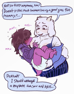age_difference ageplay big_breasts blush bottomwear bra breast_grab breast_play breast_suck breastfeeding breasts carrying_another claws clean_diaper clothed clothing cradling dark_hair dialogue diaper duo exposed_breasts fangs female female/female fur furgonomics good_girl hair hair_over_eyes hand_on_breast holding_butt horn infantilism jacket larger_female lip_fang long_ears looking_at_another mommy_kink mommydom onomatopoeia open_clothing open_mouth open_shirt open_topwear pants pink_body pupils question questioning_tone roleplay scut_tail shirt short_tail simple_background size_difference smaller_female sound_effects speech_bubble sucking tail teeth text toe_claws topwear touching_diaper underwear white_background white_body white_diaper white_fur young lileli deltarune undertale undertale_(series) susie_(deltarune) toriel boss_monster_(undertale) bovid caprine dinosaur goat mammal prehistoric_species reptile scalie digital_media_(artwork) english_text hi_res