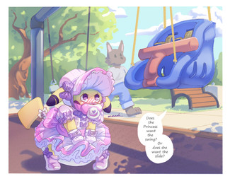 3_toes ambiguous_gender anthro barefoot bench big_diaper blue_bottomwear blue_clothing blue_jeans blue_pants blush blush_lines bondage_gear bondage_gloves bonnet booties border bottomwear brown_body brown_ears brown_fur clean_diaper clothed clothing cloud denim denim_bottomwear denim_clothing detailed_background dialogue diaper dipstick_ears dress duo ear_markings ellipsis embarrassed feet feminization footwear frilly frilly_clothing frilly_dress fur gag grass grey_clothing grey_shirt grey_topwear handwear headgear headwear heart_symbol humiliation jeans looking_at_another looking_up mouthless multicolored_ears object_in_mouth offscreen_character pacifier pacifier_gag pacifier_in_mouth pants park_bench pink_bonnet pink_booties pink_bow pink_clothing pink_dress pink_footwear pink_handwear pink_inner_ear pink_pacifier plant playground public public_humiliation purple_bow purple_ear_tips ringed_ears shirt shrub sidewalk sky solo_focus speech_bubble standing swing swingset tail tail_sock text toes topwear tree vowelless vowelless_vocalization walking wearing_diaper white_border white_diaper yellow_body yellow_ears yellow_tail cinnamonbeehive nintendo pokemon background_character plum_(cinnamonbeehive) canid canine canis generation_1_pokemon mammal pikachu pokemon_(species) wolf 2026 english_text hi_res