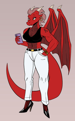 anthro back_wings belt big_breasts black_clothing black_shirt black_top black_topwear bottomwear breasts cellphone clock clothed clothed_anthro clothed_female clothing crop_top ear_piercing ear_ring electronics eyelashes female footwear fully_clothed fully_clothed_anthro fully_clothed_female hand_in_pocket high_heels holding_cellphone holding_object holding_phone holding_smartphone hoop_ear_ring horn looking_at_cellphone looking_at_object looking_at_phone muscular muscular_anthro muscular_female navel non-mammal_breasts non-mammal_navel orange_eyes panties pants phone piercing pockets purple_phone red_body ring_piercing scales shirt shoes shoulder_spots smartphone solo tail topwear underwear ventral_scales watch white_bottomwear white_clothing white_pants wings wristwatch harry_amorós ingrid_the_plague_doctor mythology ember_(harry_amoros) dragon mythological_creature mythological_scalie scalie 2026 colored hi_res
