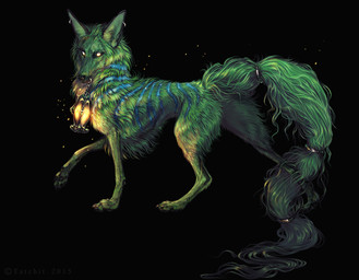 accessory ambiguous_gender black_background ear_piercing feral fur furgonomics green_body green_fur jewelry lamp lantern paws piercing quadruped ring simple_background solo standing tail tail_accessory tail_jewelry tail_ring yellow_eyes nukerooster canid canine canis mammal wolf 2015