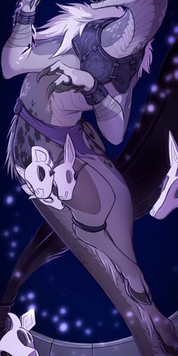 3_fingers accessory ambiguous_feral ambiguous_gender anklet archer arrow_(weapon) black_hooves black_markings black_pawpads black_tongue bookmark_design bottomwear bow_(weapon) claws clothed clothed_feral clothing countershade_fur countershade_legs countershade_neck countershade_scales countershade_tail countershade_torso countershading dewclaw_hooves empty_eyes fangs feather_tuft feathers feral fingers floating forked_tongue fur furgonomics glowing glowing_eyes handpaw hooves illusion jewelry leg_accessory leg_markings leg_tuft leg_wraps legs_together loincloth long_neck long_tail looking_aside looking_at_object magic markings mask neck_tuft necklace open_mouth pawpads paws pose purple_bottomwear purple_clothing purple_loincloth quadruped raised_arm ranged_weapon ring ruff scales sharp_teeth silhouette socks_(marking) solo spots spotted_body spotted_fur spotted_scales tail tail_accessory tail_jewelry tail_ring tail_tuft tan_body tan_countershading tan_fur tan_scales teeth text three-quarter_view tongue tuft unguligrade ventral_scales weapon white_body white_fur white_mask wraps lizet mythology xayakoh deity hybrid mythological_creature mythological_scalie questing_beast scalie 1:3 2023 artist_name dated digital_media_(artwork) full-length_portrait hi_res portrait shaded female_(lore)