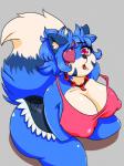 anthro arm_under_breasts arms_holding_breasts beads big_breasts big_nipples blue_body blue_fur blue_hair bottomwear breasts clothing daisy_dukes denim denim_bottomwear denim_clothing denim_shorts eye_patch eyebrow_through_hair eyebrows eyewear facial_markings female fur hair head_markings heart_eye_patch heart_eyewear heart_symbol hotpants huge_breasts huge_thighs jewelry kneeling looking_at_viewer looking_up magatama markings minishorts multicolored_body multicolored_eyes multicolored_fur necklace nipple_outline nipples open_mouth shirt shorts solo tank_top thick_thighs topwear translucent translucent_hair ryujisama lazuli_(doggod.va) canid canine fox mammal 3:4