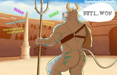 2_horns 5_fingers ambiguous_gender anthro archway arena arm_armor armor armor_only back_muscles blue_eyes blue_stripes blush blush_lines bullying butt butt_focus chainmail cheek_tuft cloud cloudy_sky coliseum colosseum crowd crowd_scene crowd_watching curved_horn day detailed_background dialogue ears_down embarrassed facial_tuft fingers frown frowning_at_another frustrated fur fur_tuft gate gladiator gladiator_armor grey_arms grey_back grey_body grey_butt grey_ears grey_face grey_fur grey_hands grey_legs grey_neck grey_nose grey_snout grey_tail group head_horn head_tuft holding_melee_weapon holding_object holding_polearm holding_trident holding_weapon horn humanoid_hands humiliation insult laugh laughing_at laughing_at_another long_tail looking_at_another male manica melee_weapon mockery mostly_nude mostly_nude_anthro mostly_nude_male multicolored_arms multicolored_body multicolored_butt multicolored_fur multicolored_legs multicolored_shoulders muscular muscular_anthro muscular_arms muscular_legs muscular_male obelisk open_frown open_mouth outside penis_humiliation pillar pivoted_ears polearm rear_view retiarius sad sand shoulder_armor sky skyscape small_penis_humiliation solo_focus speech_bubble stands stone_wall striped_arms striped_body striped_butt striped_fur striped_legs striped_shoulders stripes tail teeth teeth_showing thin_tail trident tuft tusks unconvincing_armor wall_(structure) warrior weapon white_horn paddedwolfy european_mythology greek_mythology mythology ambiguous_species bovid bovine cattle mammal minotaur digital_drawing_(artwork) digital_media_(artwork) hi_res
