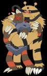 3_toes 4_toes 5_fingers absurd_res alleyballey alpha_channel antennae_(anatomy) anthro barbaracle blush blush_lines duo electivire embrace eyes_closed feet fingers fur fur_markings generation_4_pokemon generation_6_pokemon hairy half-closed_eyes hand_creature hand_head hi_res hug male male/male markings multi_arm multi_limb narrowed_eyes nintendo open_mouth open_smile pokemon pokemon_(species) rock smile stripes tendrils toes yellow_body yellow_fur
