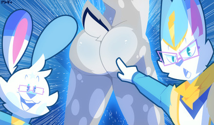 anthro big_butt blue_body blue_clothing blue_eyes blue_fur blue_hair blue_jacket blue_nose blue_pupils blue_topwear buckteeth butt clothed clothing cute_fangs dipstick_ears ear_markings eyewear fangs fur gesture glasses grey_body grey_fur grey_spots group hair hand_gesture impact_lines jacket kerchief male markings multicolored_ears nude open_clothing open_jacket open_mouth open_topwear pie_cut_eyes pink_inner_ear pointing pupils purple_eyewear purple_glasses rear_view smile spots spotted_body spotted_fur standing teeth topwear trio white_body white_fur yellow_kerchief skweekers nintendo pokemon two_soyjaks_pointing iida_(skweekers) spot_(skweekers) cinderace deer generation_8_pokemon mammal pokemon_(species) scorbunny 2022 hi_res meme