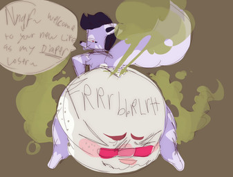 ambiguous_gender anthro bodily_noises brown_background butt butt_focus clothed clothing dialogue diaper diaper_only diaper_transformation duo fart fart_cloud green_fart_cloud grunting looking_back rear_view simple_background sound_effects speech_bubble text tilde_after_text topless vowelless vowelless_sound_effect wearing_diaper smug_prince ollie_(possumassss) stinkbomb_(stinkbombskunk) american_opossum animate_inanimate diaper_creature mammal marsupial mephitid skunk virginia_opossum english_text hi_res