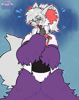 ambiguous_anthro ambiguous_gender anthro bite biting_object blue_background bodily_fluids chewing chewing_object clothing eyewear fangs front_view fur glasses gradient_background grey_body grey_fur holding_object holding_stick nervous open_mouth purple_body purple_fur shirt shy simple_background solo standing stick sweat sweatdrop teeth topwear wearing_glasses white_body white_fur worried sinisterheaven nintendo pokemon delphox generation_6_pokemon pokemon_(species) shiny_pokemon hi_res nonbinary_(lore)