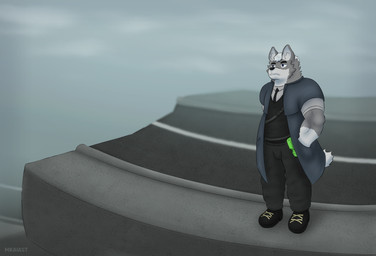 anthro black_clothing blue_eyes bottomwear bridge clothing cloud coat eyebrows fog footwear fur grey_body grey_fur hair male necktie pants potion potion_bottle road shoes sky solo tail topwear white_hair mkaiast canid canine canis mammal wolf hi_res