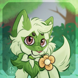 cheek_tuft facial_tuft feral flower flower_in_mouth fluffy fluffy_tail forest forest_background fur green_body green_fur nature nature_background pink_eyes plant shrub solo tail tree tuft white_body white_fur airymiller nintendo pokemon felid feline generation_9_pokemon mammal pokemon_(species) sprigatito half-length_portrait portrait