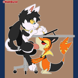 alternate_color anthro black_body black_fur blue_eyes bodily_fluids breath bunny_costume chair clothing costume cum cum_in_mouth cum_inside desk drawing_tablet drinking drinking_cum duo eyes_closed fangs fellatio female fur furniture genital_fluids genitals knot male male/female on_chair oral oral_penetration orange_body orange_skin penetration penile penis red_eyes sex sitting sitting_on_chair table tablet_pen tail tail_motion tailwag teeth under_table white_body white_fur working yellow_body yellow_sclera yellow_skin nightdazed nintendo pokemon lore_(unearthedchuain) generation_4_pokemon generation_5_pokemon pokemon_(species) riolu snivy 1:1 2026 2d_animation animated frame_by_frame hi_res loop watermark