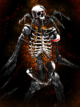 ambiguous_gender bone horror_(theme) human_skull looking_at_viewer machine mechanical_arm mechanical_leg not_furry pelvis red_eyes ribs skeleton skull solo spine teeth white_body deino_(artist) calne_ca animated_skeleton arthropod crustacean humanoid isopod malacostracan robot robot_humanoid undead 2011 3:4 3d_(artwork) autodesk_3ds_max_(artwork) digital_media_(artwork) hi_res female_(lore)