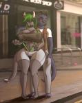 big_breasts big_butt breasts butt clothing duo female green_hair hair horn huge_breasts huge_butt lips makeup male nipples non-mammal_breasts smile standing tail thick_lips worried vrabo mythology elberik virdi_(elberik) dragon mythological_creature mythological_scalie scalie 2018 absurd_res hi_res