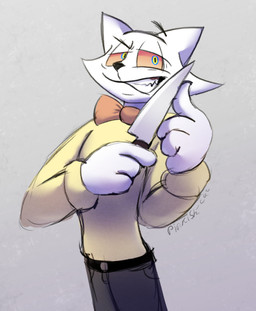 4_fingers anthro belt black_nose bottomwear bow_accessory bow_tie clothed clothed_anthro clothed_male clothing eyebrows fangs fingers fur grin grinding grinning_at_viewer happy holding_knife holding_object iris knife looking_at_viewer male orange_eyes pants shadow shirt simple_background sketchy slim slim_male smile smiling_at_viewer smirk smirking_at_viewer solo standing teeth text toony topwear weapon white_arms white_background white_body white_fur yellow_clothing yellow_shirt yellow_topwear pinkish-cat christopher_cat_(pinkish-cat) domestic_cat felid feline felis mammal 2026 artist_name colored colored_sketch digital_media_(artwork) hi_res sketch