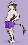 2_horns 3_toes abdominal_scar anthro barefoot black_eyes bottomwear brown_body brown_ears brown_fur brown_nose brown_tail chest_scar chest_tuft closed_smile clothing dolphin_shorts eyelashes feet floppy_ears freckled_face freckles fur hair hand_on_hip handpaw horn long_tail male medium_hair mouth_closed multicolored_body multicolored_fur navel paws pointed_tail purple_background purple_bottomwear purple_clothing purple_scar purple_shorts scar shorts side_view simple_background slightly_chubby slightly_chubby_anthro slightly_chubby_male smile solo standing tail toes tuft two_tone_body two_tone_fur two_tone_tail white_body white_fur white_hair white_horn white_tail flockdog canid canine canis demon domestic_dog hunting_dog jack_russell_terrier mammal terrier 2023 absurd_res colored digital_drawing_(artwork) digital_media_(artwork) hi_res shaded simple_shading trans_(lore) trans_man_(lore)