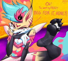 4_toes anthro arm_tuft cartoon_freckles chest_tuft claws dialogue eyelashes facial_tuft feet female foot_fetish foot_focus freckled_face freckles long_eyelashes looking_at_viewer pawpads shoulder_tuft solo talking_to_viewer text toe_claws toes tuft wrinkled_feet wrinkles a9ymus hellaverse helluva_boss queen_bee-lzebub_(helluva_boss) arthropod bee canid canine demon fox hybrid hymenopteran insect mammal absurd_res hi_res